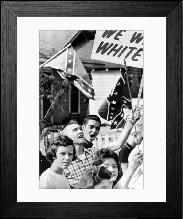 Framed Print : Birmingham, Alabama: Students wave confederate flags and carry anti-integration signs as they stage demonstration near West End High School, 9 / 11 / 63 Framed Print : Birmingham, Alabama: Students wave confederate flags and carry anti-integration signs as they stage demonstration near West End High School, 9 / 11 / 63