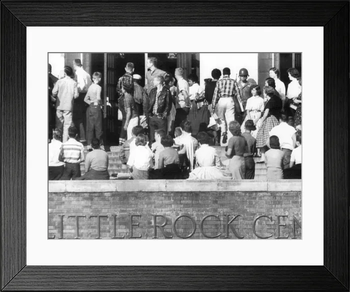 Framed Print : Little Rock, Arkansas: With a lone sentry from the 101st Airborne standing guard near the main door of Central High Framed Print : Little Rock, Arkansas: With a lone sentry from the 101st Airborne standing guard near the main door of Central High