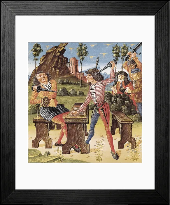 Framed Print : The Book of Good Morals by Jacques Le Grant (1464). Miniature of the Dice Game or The Argument. Gothic art. Miniature Painting. FRANCE. Chantilly. Muse Cond (Cond Museum)