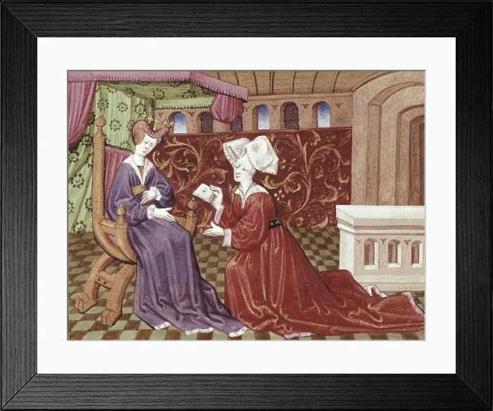 Framed Print : ESPINQUES, Everard de (15th c.). Romance of Tristan and Iseult. s.XV. A servant hands in a missage to Iseult. French school. Gothic art. Miniature Painting. FRANCE. Chantilly
