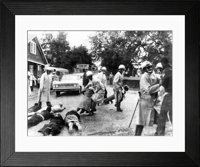 Framed Print : CIVIL RIGHTS, Crawfordville, Georgia, Black demonstrators block school buses carrying white students after the protestors were refused passage aboard the buses. October 1, 1965