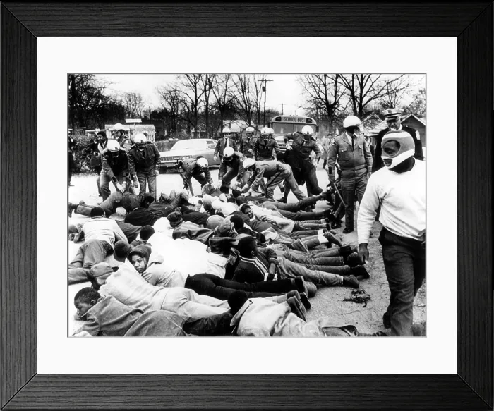 Framed Print : CIVIL RIGHTS, Social Circle, Georgia, State troopers arrest demonstrators blocking the path of a school bus protesting school conditions. February 15, 1968