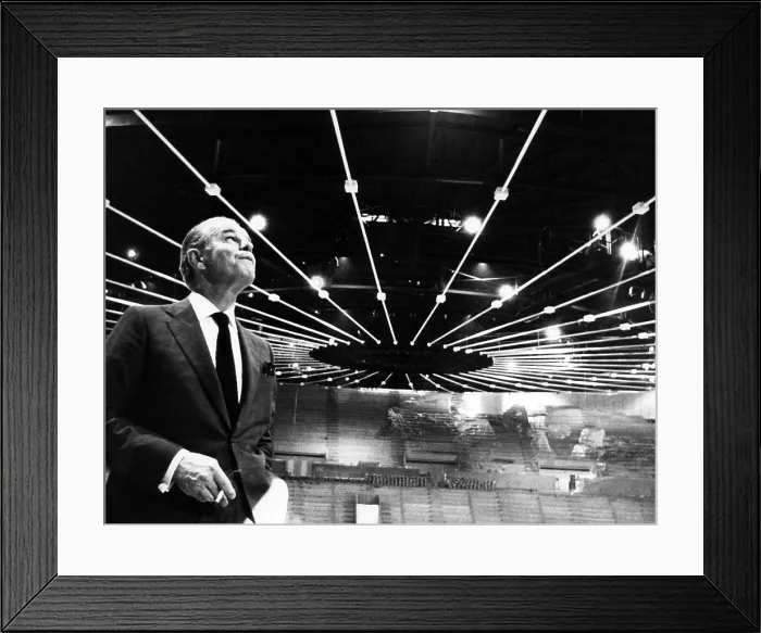 Framed Print : Jack Kent Cooke in the Forum sports arena he built for the Los Angeles Lakers and the Los Angeles Kings. He owns both teams, 1967. Courtesy: CSU Archives / Everett Collection