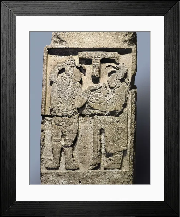 Framed Print : Yaxchiln Lintel 26. 726. Late Classical Period. Cult scene with a woman delivering a jaguar head or a mask to a dignitary or priest. Maya art. Relief on rock. MEXICO. Mexico City