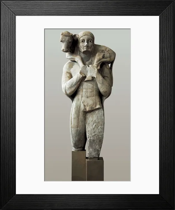 Framed Print : The Moschophoros. 570 BC. Calf-Bearer. Archaic Greek art. Sculpture on marble. GREECE. Athens. Acropolis. Acropolis Museum. Proc: GREECE. Athens. Acropolis