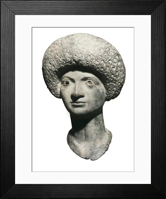 Framed Print : Feminine head in bronze (1st c. AD). Roman art. Sculpture on bronze. SPAIN. Barcelona. Archaeology Museum of Catalonia. Proc: SPAIN. L'Escala. Empries