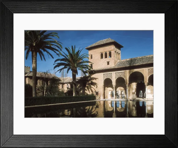 Framed Print : Alhambra. SPAIN. Granada. Alhambra. Ladies Tower and Partal Gardens. On the left of the tower, three little Arabian houses of 14th c. Hispano-Moresque art. Nasrid dynasty