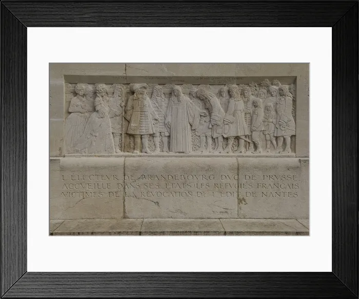 Framed Print : SWITZERLAND. Geneva. Reformation Wall. The Elector Prince of Brandenburg, Duke of Prussia, accepts in his states the French refugees victims of the revocation of the Nantes edict Framed Print : SWITZERLAND. Geneva. Reformation Wall. The Elector Prince of Brandenburg, Duke of Prussia, accepts in his states the French refugees victims of the revocation of the Nantes edict