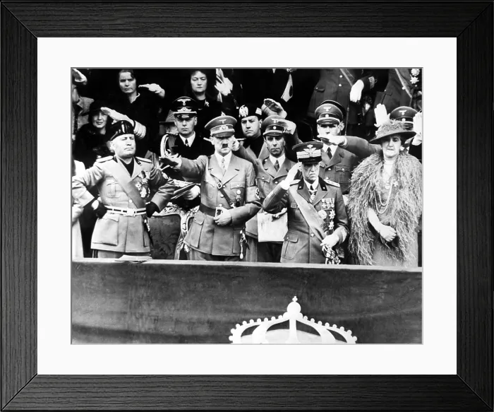 Framed Print : ROME, ITALY: Premier Benito Mussolini (left) views a parade of Italian might with (left to right) his guest Adolf Hitler, King Victor Emmanuel, and Queen Elena, in Rome, 1938