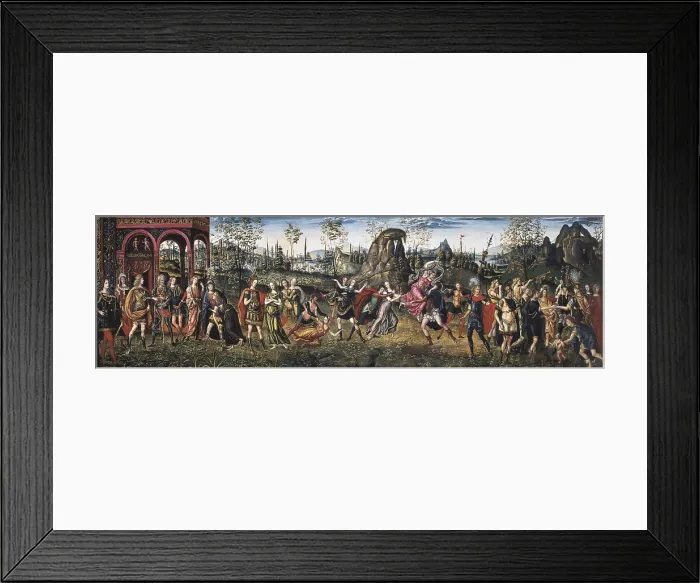 Framed Print : PERUZZI, Baldassare Tommaso (1481-1536). The Rape of the Sabines. ca. 1500. On the left side, Romulus awarded a raped woman. On the right side, peace between Romans and Sabines