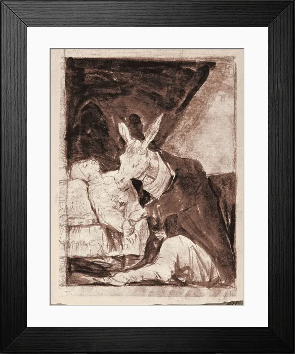 Framed Print : GOYA Y LUCIENTES, Francisco de (1746-1828). Of what ill will he die?. 1797 - 1798. Preparatory red wash and sanguine drawing for plate 40 of 'Los Caprichos'. Drawing