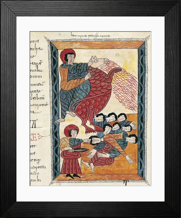 Framed Print : Beatus of Liebana. 10th c. Sheet 150. Death of the Beast and the enemies of God. Mozarabic art. Miniature Painting. SPAIN. San Lorenzo de El Escorial Framed Print : Beatus of Liebana. 10th c. Sheet 150. Death of the Beast and the enemies of God. Mozarabic art. Miniature Painting. SPAIN. San Lorenzo de El Escorial