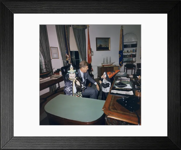 Framed Print : President John Kennedy with his children during their Halloween visit to the Oval Office. 1963 Framed Print : President John Kennedy with his children during their Halloween visit to the Oval Office. 1963