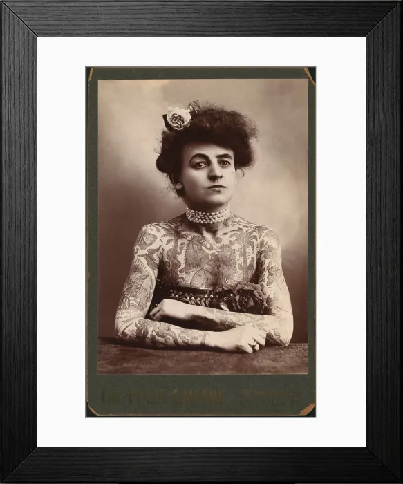 Framed Print : Portrait of a woman showing images tattooed on her body, the Plaza Gallery, Los Angeles, California, 1907