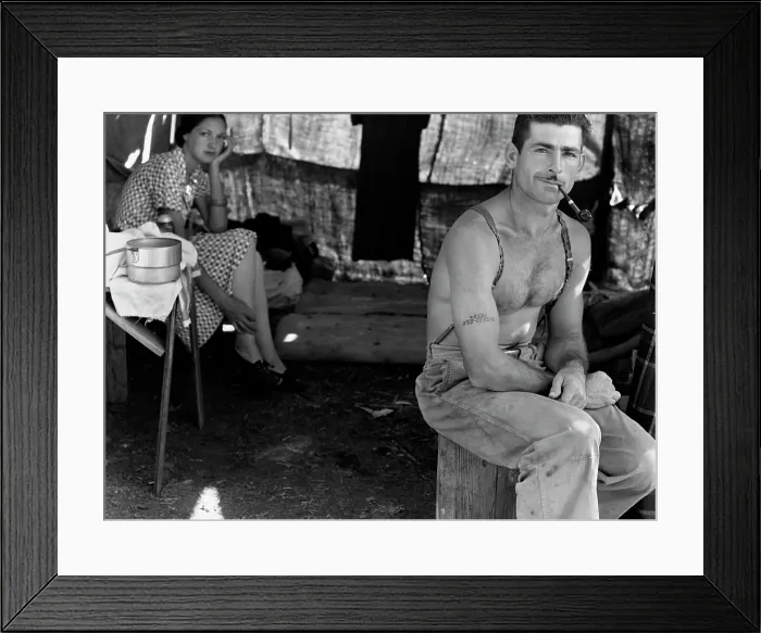 Framed Print : An unemployed lumber worker goes with his wife to a bean harvest, note the social security number tattooed on his arm, Oregon, photograph by Dorothea Lange, August, 1939
