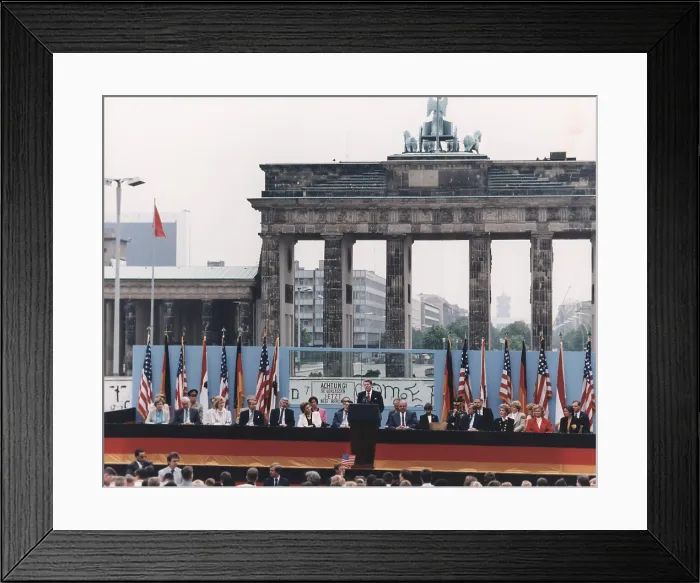 Framed Print : President Reagan giving his famous Mr. Gorbachev, tear down this wall!, speech at the Berlin Wall and the Brandenburg Gate. June 12, 1987