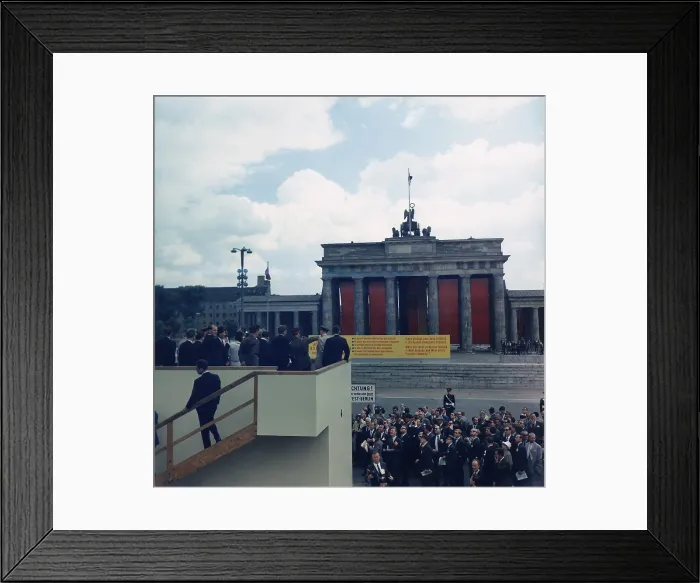 Framed Print : President John Kennedy, on a platform overlooking Berlin Wall and Brandenburg Gate in Berlin Framed Print : President John Kennedy, on a platform overlooking Berlin Wall and Brandenburg Gate in Berlin