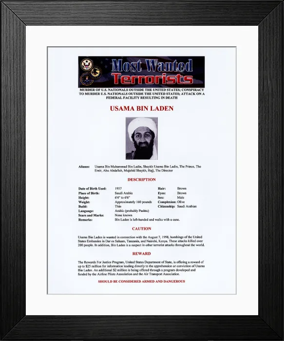 Framed Print : Osama bin Laden, militant Islamist and founder of Al-Qaeda, FBI wanted poster, circa late 1990s-early 2000s Framed Print : Osama bin Laden, militant Islamist and founder of Al-Qaeda, FBI wanted poster, circa late 1990s-early 2000s