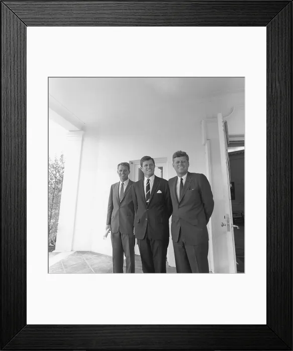 Framed Print : President John Kennedy and his brothers. Attorney General Robert F. Kennedy, Senator Edward Moore Kennedy at the White House, outside of Oval Office. Ca. 1962