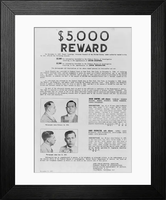 Framed Print : Wanted poster with mugshots of Jacob Gurrah Shapiro (top), and Louis Lepke Buchalter, Jewish American gangsters, photographs February 1936 (top)