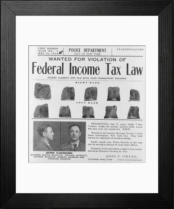 Framed Print : Dutch Schultz, wanted poster with mugshot and fingerprints for Arthur Flegenheimer (aka Dutch Schultz, 1902-1935), Jewish American gangster, January 15, 1934