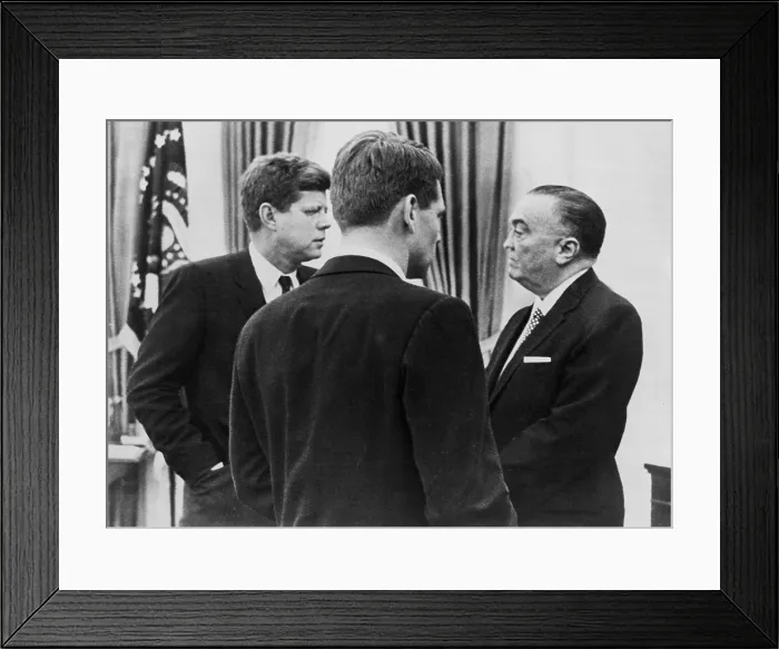 Framed Print : President John F. Kennedy, Attorney General Robert F. Kennedy, and FBI director J. Edgar Hoover, speak about increased wiretapping, February 24, 1961