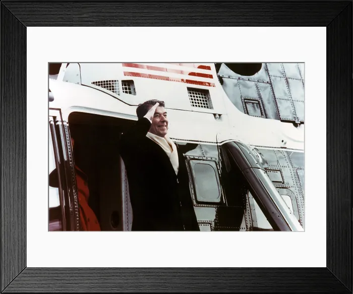 Framed Print : Ronald Reagan. President Ronald Reagan salutes as he boards Marine One, leaving the White House on his last day in office. Washington, D.C. January 20, 1989 Framed Print : Ronald Reagan. President Ronald Reagan salutes as he boards Marine One, leaving the White House on his last day in office. Washington, D.C. January 20, 1989
