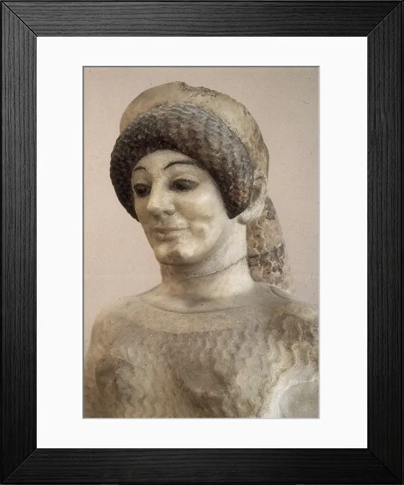 Framed Print : Red Shoes Kore. ca. 510 BC. Archaic Greek art. Sculpture on marble. GREECE. Athens. Acropolis. Acropolis Museum. Proc: GREECE. Athens. Acropolis
