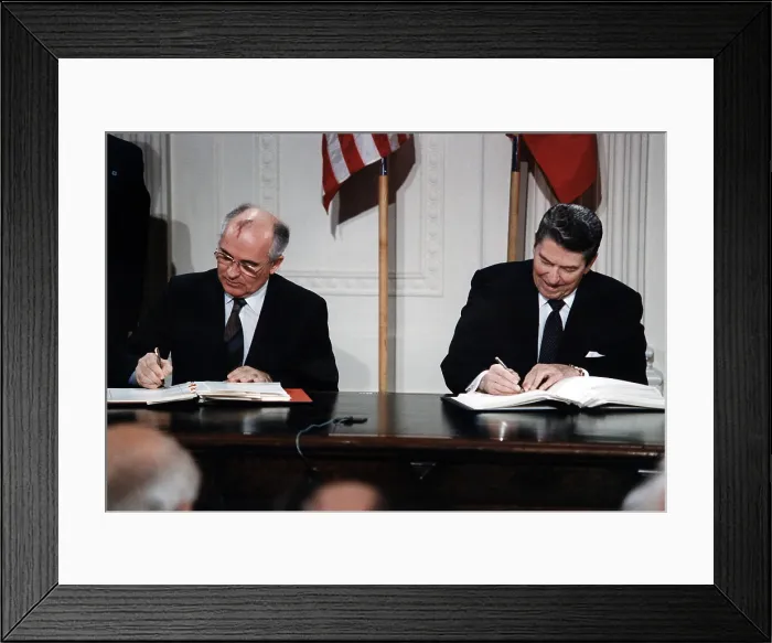 Framed Print : Ronald Reagan. General Secretary Gorbachev (L) and President Reagan (R) signing the INF Treaty (Intermediate-Range Nuclear Forces Treaty). Washington, D.C. December 8, 1987