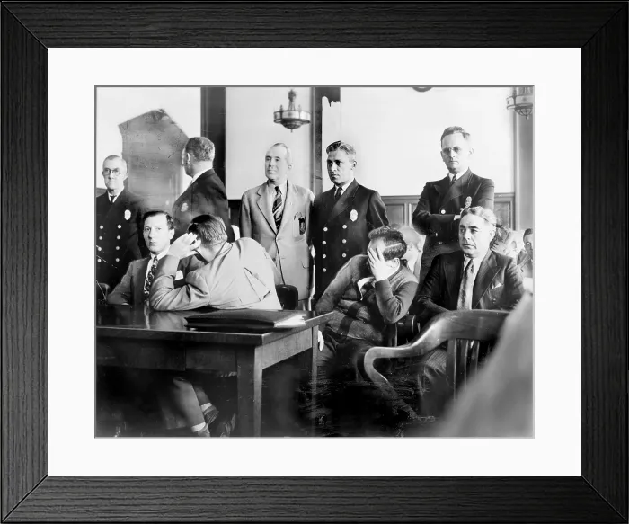 Framed Print : Louis Buchalter at murder trial, Louis Lepke Buchalter (sitting, left), Emanuel Mendy Weiss (covering face, second from left) Framed Print : Louis Buchalter at murder trial, Louis Lepke Buchalter (sitting, left), Emanuel Mendy Weiss (covering face, second from left)
