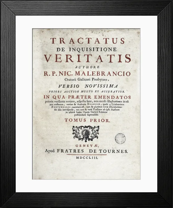 Framed Print : MALEBRANCHE, Nicolas de (1638-1715). Disciple of Descartes. 'Tractatus de Inquisitione de Veritatis' (Geneva, 1753). Cover. SPAIN. Barcelona