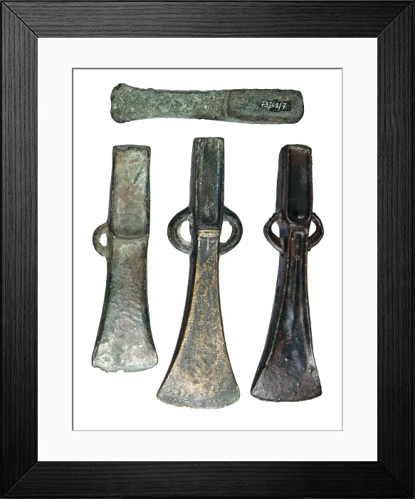 Framed Print : War axes of the Second Iron Age. From Pruneda, Requejo and Corua del Conde. Iron Age. Metals. SPAIN. Madrid. National Museum of Archaeology