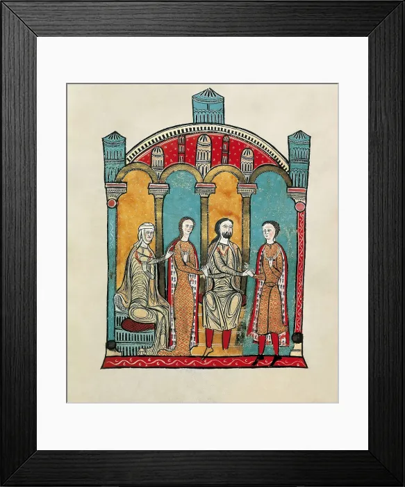 Framed Print : Liber Feudorum Maior. end 12th c. Royal cartulary carried out after Alfonso the Chaste's order. Folio 78 verso, wedding scene. Romanesque art. Miniature Painting. SPAIN