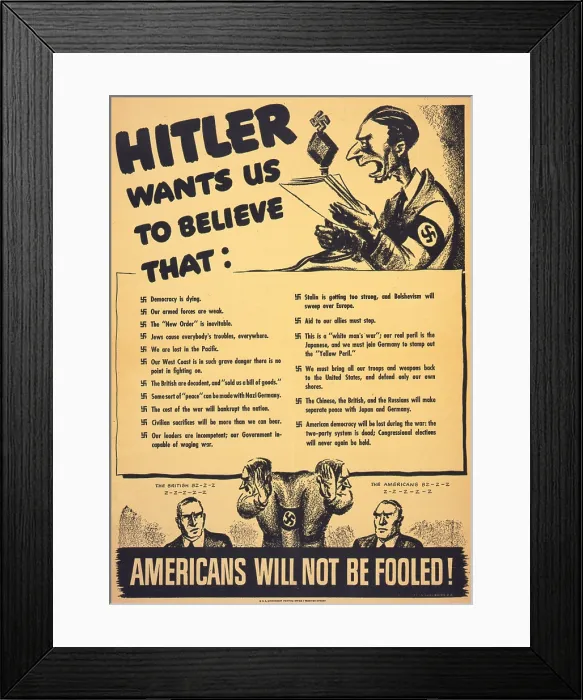 Framed Print : World War II, American war propaganda with caricature of Josef Goebbels (top), and Adolf Hitler (bottom) whispering into the ears of the Americans and the British