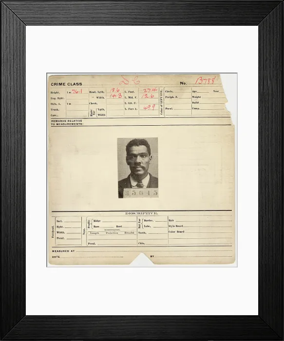 Framed Print : Joseph Chancellor, police mug shot of an African American man mounted on Pinkerton's National Detective Agency identification card, halftone photograph, 1910