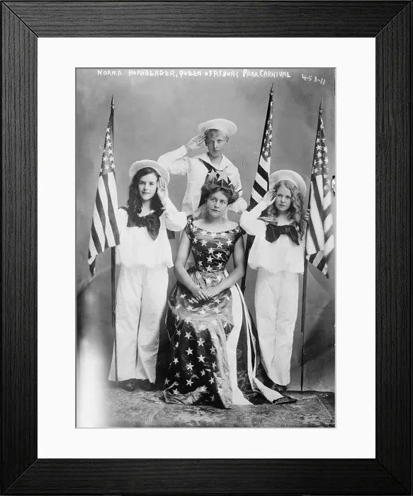 Framed Print : Asbury Park, Norma Hornberger (front center), queen of the Asbury Park Carnival, surrounded by three saluting children, New Jersey, August 24, 1908 Framed Print : Asbury Park, Norma Hornberger (front center), queen of the Asbury Park Carnival, surrounded by three saluting children, New Jersey, August 24, 1908