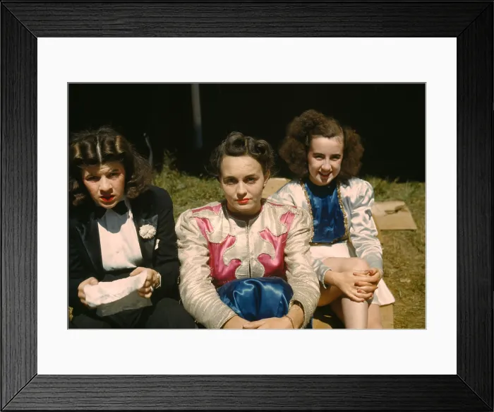 Framed Print : Women carnival performers, original title: Backstage at the girlie show at the Vermont state fair, Rutland, photograph by Jack Delano, September, 1941