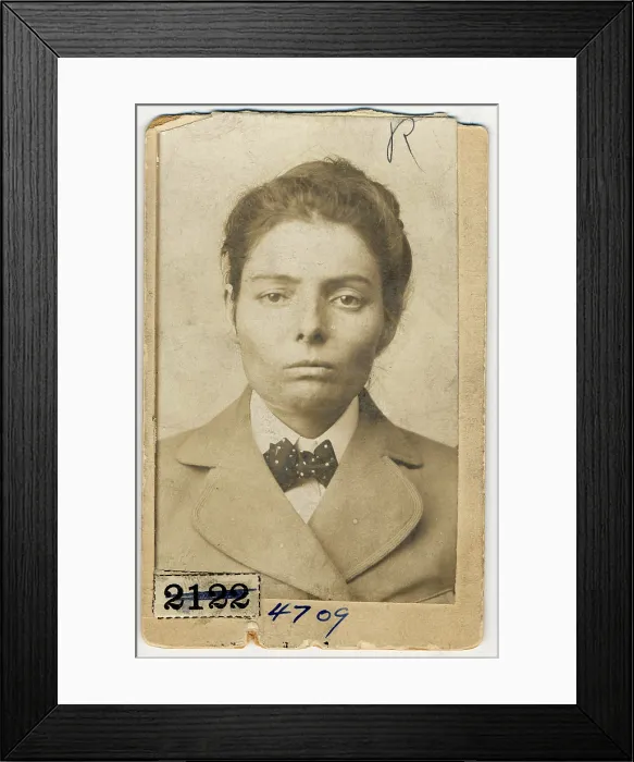 Framed Print : Laura Bullion (1876-1961), female member of the Wild Bunch gang of outlaws, police mug shot mounted on Pinkerton's National Detective Agency identification card, 1893