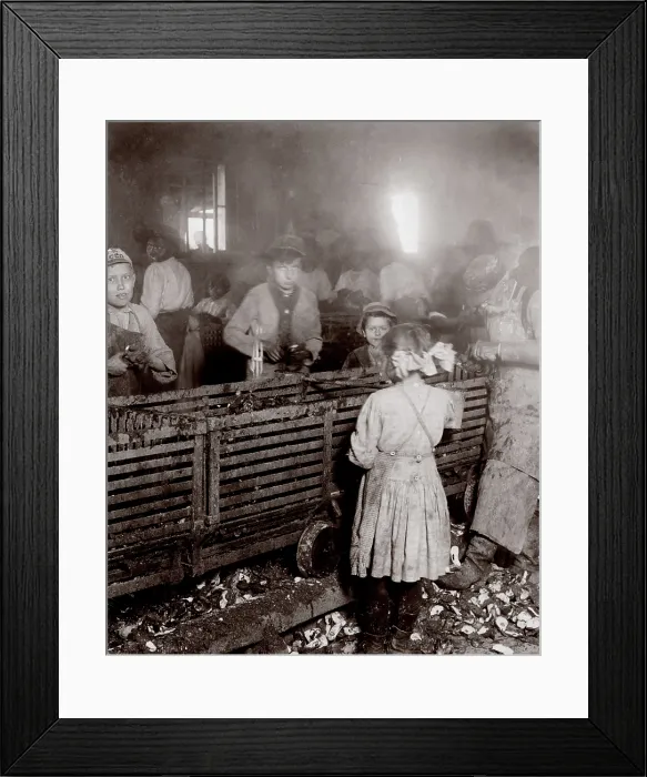 Framed Print : Child labor, scene in a canning factory, from original caption: showing a 7-year old girl who shucks 3 pots of oysters a day, and works regularly