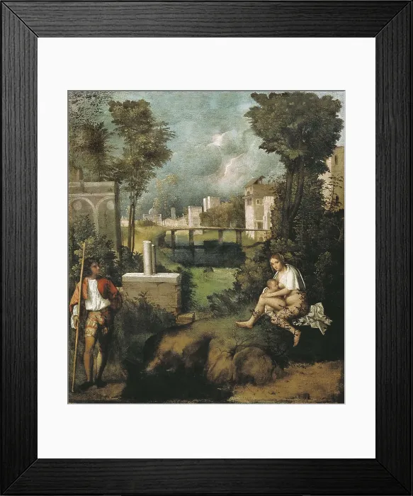 Framed Print : GIORGIONE, Giorgio da Castelfranco, called (1477-1510). The Tempest. 1505-1510. Renaissance art. Cinquecento. Venetian school. Oil on canvas. ITALY. Venice Framed Print : GIORGIONE, Giorgio da Castelfranco, called (1477-1510). The Tempest. 1505-1510. Renaissance art. Cinquecento. Venetian school. Oil on canvas. ITALY. Venice