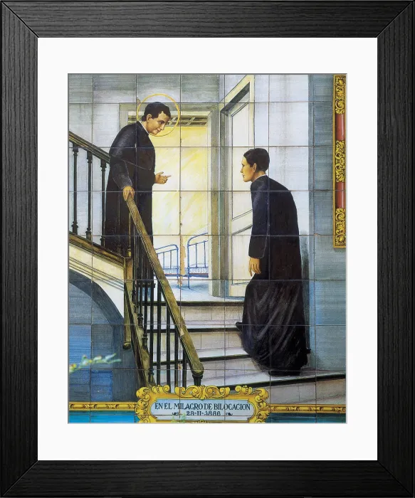 Framed Print : Bosco, Saint John (1815-1888). Italian priest and educator. Glazed tile pannel depicting the miracle of bilocation. Ceramics
