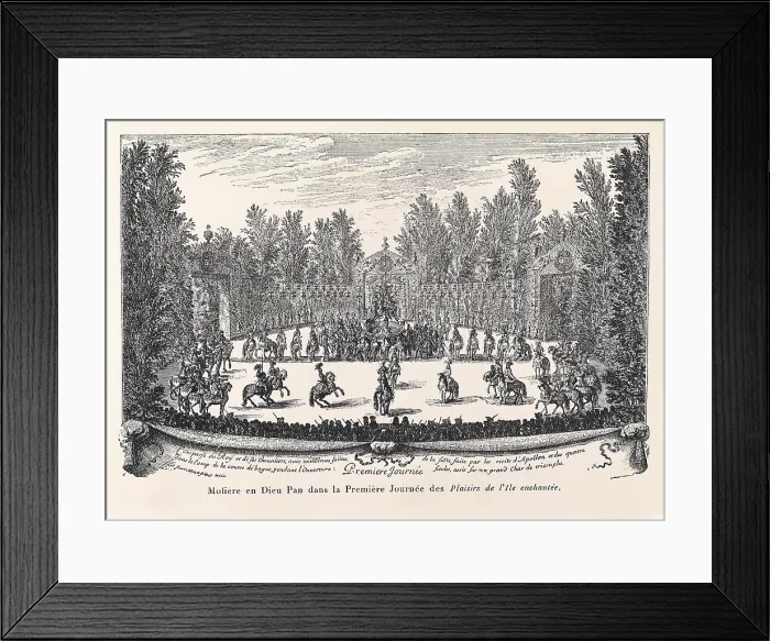 Framed Print : MOLIERE, Jean-Baptiste Poquelin, called (1622-1673). French dramatist and actor. Representation of the work 'Plaisirs de l'Ile echante'. Engraving. SPAIN. Barcelona