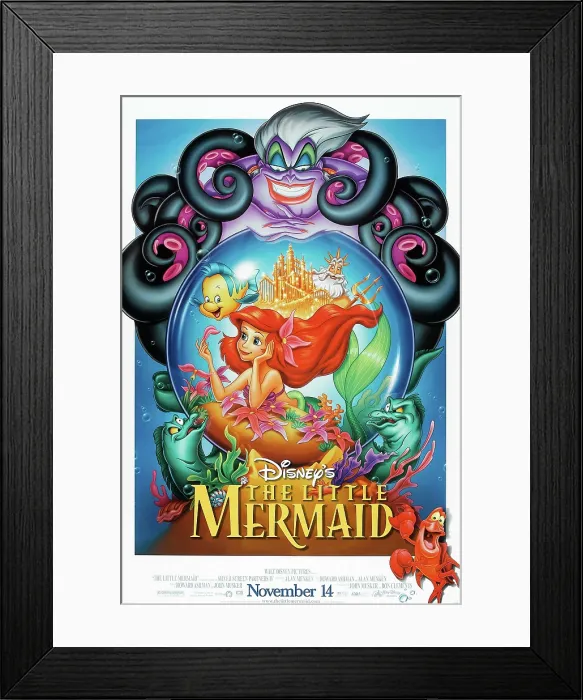 Framed Print : THE LITTLE MERMAID, (US advance poster art, Ursula (top), in ball from top to bottom: King Triton, Flounder, Ariel, Sebastian (bottom right), 1989