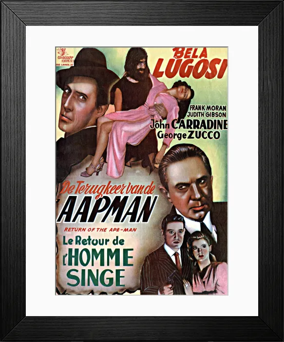 Framed Print : RETURN OF THE APE MAN, (clockwise), John Carradine, Frank Moran, Bela Lugosi, Tod Andrews, Teala Loring, 1944