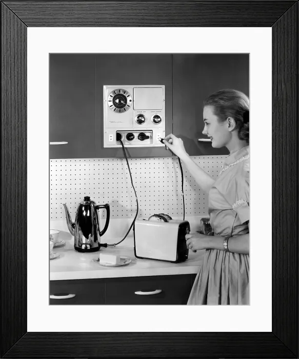 Framed Print : A Westinghouse innovation provides electric power for five household appliances at one time, circa 1956. Courtesy: CSU Archives / Everett Collection
