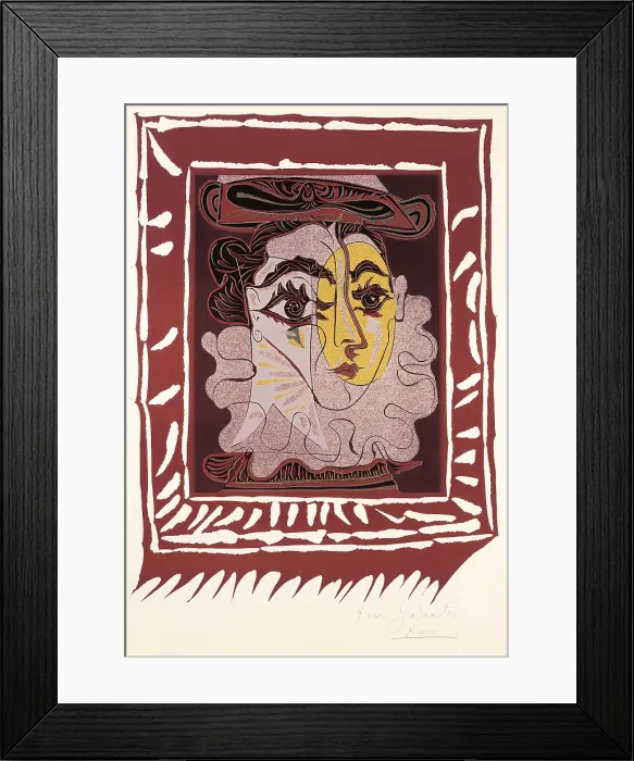 Framed Print : Picasso, Pablo (1881-1973). Woman in a Hat. 1963. With dedicacy to Jaume Sabartes. Xylography. SPAIN. Barcelona. Picasso Museum