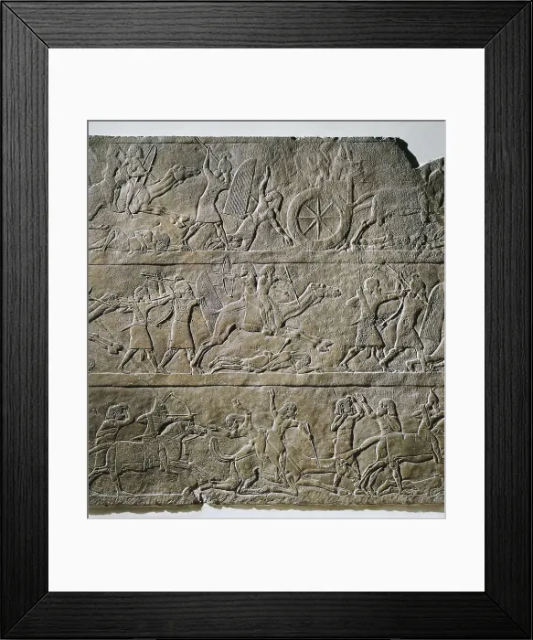 Framed Print : Assyrian troops pursuing Arabs on camels. ca. 645 BC. Detail. Assyrian art. Relief on rock. UNITED KINGDOM. London. The British Museum. Proc: IRAQ. Kuyunjik. Nineveh