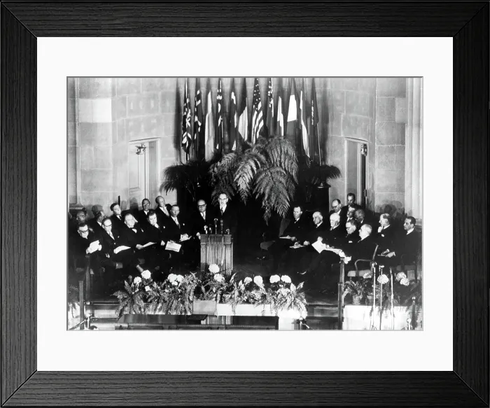 Framed Print : N.A.T.O.-4 / 4 / 49 WASHINGTON-- Secretary of State Dean Acheson makes welcoming address at North Atlantic treaty Signing Ceremonies.. Courtesy: CSU Archives  /  Everett Collection