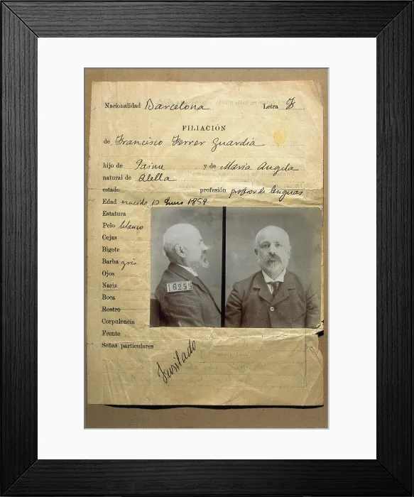 Framed Print : FERRER I GUARDIAFrancesc (1854-1909). Spanish anarchist and teacher. Police record. SPAIN. Salamanca. Archivo Histrico Nacional. AISA / Everett Collection (32881)**US SALES ONLY** Framed Print : FERRER I GUARDIAFrancesc (1854-1909). Spanish anarchist and teacher. Police record. SPAIN. Salamanca. Archivo Histrico Nacional. AISA / Everett Collection (32881)**US SALES ONLY**