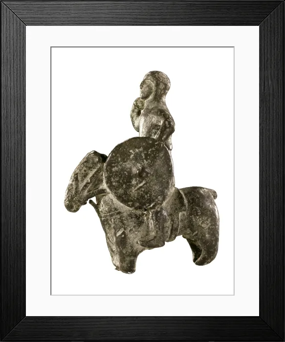 Framed Print : Iberian Horseman with a shield. 4th-2nd c. BC. Iberian art. Sculpture on bronze. SPAIN. Barcelona. Archaeology Museum of Catalonia. Proc: SPAIN. Caravaca de la Cruz